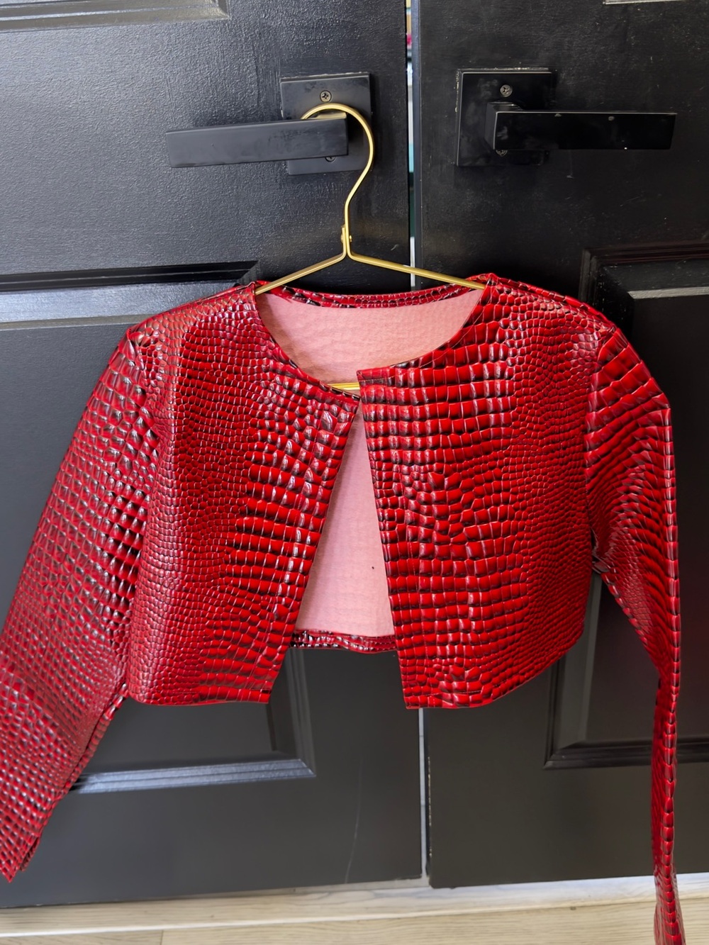 Red Cropped Faux-Croc Jacket - Women
